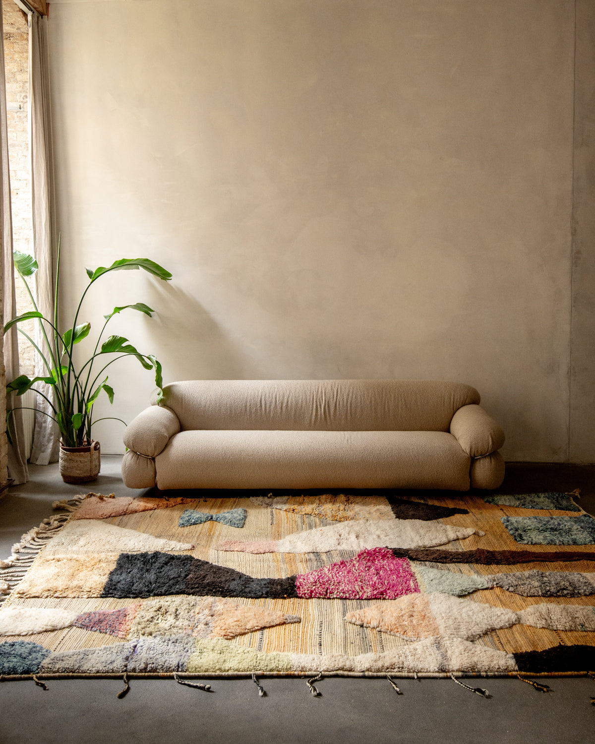 Modern, designer, handcrafted Berber rug from Morocco. Beniourain carpet with beautiful colours and patterns and fluffy wool texture.
